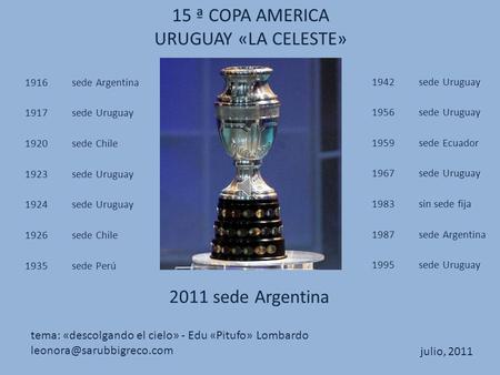 15 ª COPA AMERICA URUGUAY «LA CELESTE» 1916sede Argentina 1917sede Uruguay 1920sede Chile 1923sede Uruguay 1924sede Uruguay 1926sede Chile 1935sede Perú.
