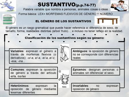 SUSTANTIVO(p.p.74-77) Palabra variable que nombra a personas, animales cosas o ideas Forma básica: LEX+ MORFEMAS FLEXIVOS DE GÉNERO Y NÚMERO EL GÉNERO.