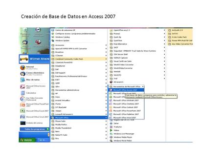 Creación de Base de Datos en Access 2007. Se le da Clip a Crear base de datos en blanco.