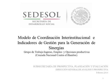 Modelo de Coordinación Interinstitucional e Indicadores de Gestión para la Generación de Sinergias Grupo de Trabajo Ingreso, Empleo y Opciones productivas.