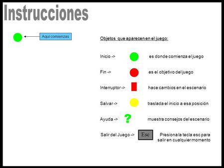 Aquí comienzas Objetos que aparecen en el juego: Inicio -> es donde comienza el juego Fin -> es el objetivo del juego Interruptor -> hace cambios en el.