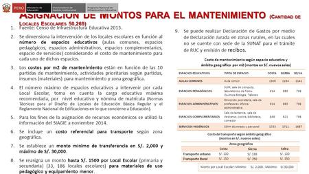 A SIGNACIÓN DE M ONTOS PARA EL MANTENIMIENTO (C ANTIDAD DE L OCALES E SCOLARES 50,269) 1.Fuente: Censo de Infraestructura Educativa 2013. 2.Se dimensiona.
