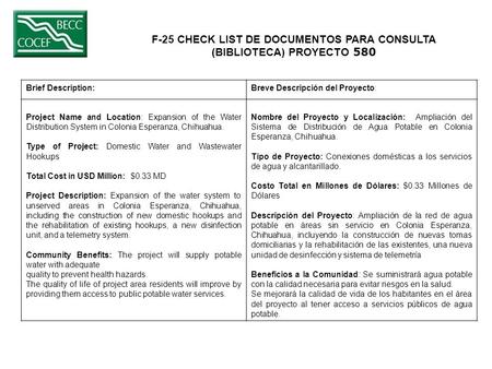 F-25 CHECK LIST DE DOCUMENTOS PARA CONSULTA (BIBLIOTECA) PROYECTO 580 Brief Description:Breve Descripción del Proyecto: Project Name and Location: Expansion.