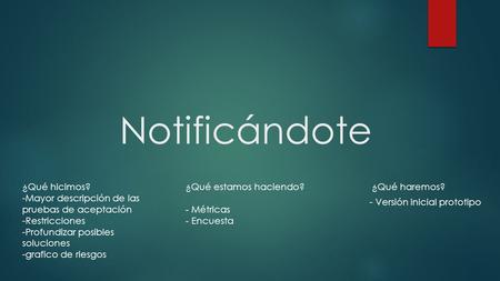 Notificándote ¿Qué hicimos? -Mayor descripción de las pruebas de aceptación -Restricciones -Profundizar posibles soluciones -grafico de riesgos ¿Qué estamos.