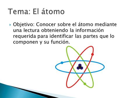 Tema: El átomo Objetivo: Conocer sobre el átomo mediante una lectura obteniendo la información requerida para identificar las partes que lo componen.