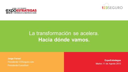 La transformación se acelera. Hacia dónde vamos. Jorge Ferrari Presidente 123Seguro.com Presidente EurosRed ExpoEstrategas Martes 11 de Agosto 2015.