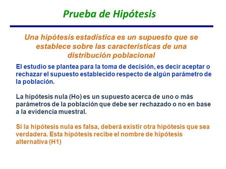 Prueba de Hipótesis Una hipótesis estadística es un supuesto que se establece sobre las características de una distribución poblacional El estudio se plantea.