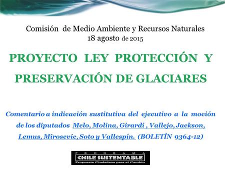 Comisión de Medio Ambiente y Recursos Naturales 18 agosto de 2015 PROYECTO LEY PROTECCIÓN Y PRESERVACIÓN DE GLACIARES Comentario a indicación sustitutiva.