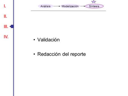 Validación Redacción del reporte AnálisisModelización Síntesis I. II. III. IV. I. II. III. IV.
