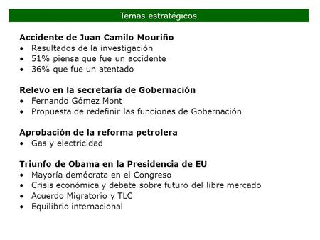 Temas estratégicos Accidente de Juan Camilo Mouriño Resultados de la investigación 51% piensa que fue un accidente 36% que fue un atentado Relevo en la.