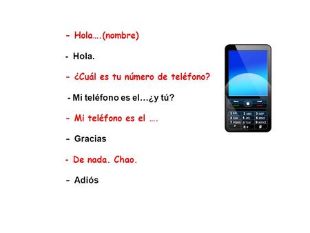 - Hola….(nombre) - Hola. - ¿Cuál es tu número de teléfono? - Mi teléfono es el…¿y tú? - Mi teléfono es el …. - Gracias - De nada. Chao. - Adiós.