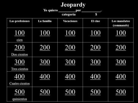 Jeopardy Yo quiero __________por ___________. categoría $ Las profesionesLa familiaVacacionesEl cineLos mandatos (commands) 100 cien 100 200 Dos cientos.
