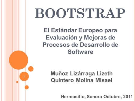 BOOTSTRAP El Estándar Europeo para Evaluación y Mejoras de Procesos de Desarrollo de Software Hermosillo, Sonora Octubre, 2011 Muñoz Lizárraga Lizeth Quintero.