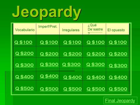Jeopardy Vocabulario Imperf/Pret. Irregulares ¿Qué De`sastre ?``````````` ````````````` ````````````` ````````````` ````````````` ````````````` `````````````