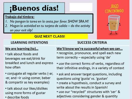 LEARNING INTENTIONSSUCCESS CRITERIA We are learning (to)… talk about foods and beverages we eat/drink for breakfast and lunch and express how often conjugate.