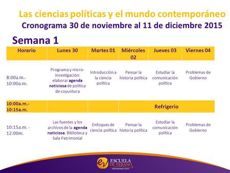 Las ciencias políticas y el mundo contemporáneo Cronograma 30 de noviembre al 11 de diciembre 2015 HorarioLunes 30Martes 01Miércoles 02 Jueves 03Viernes.