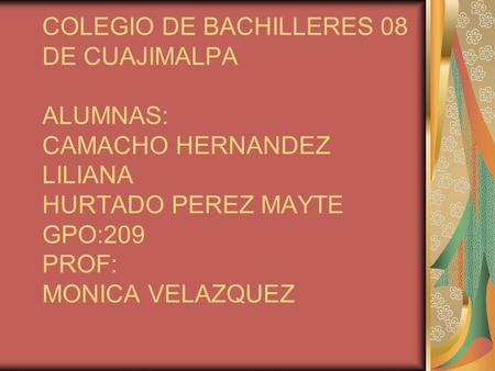 COLEGIO DE BACHILLERES 08 DE CUAJIMALPA ALUMNAS: CAMACHO HERNANDEZ LILIANA HURTADO PEREZ MAYTE GPO:209 PROF: MONICA VELAZQUEZ.