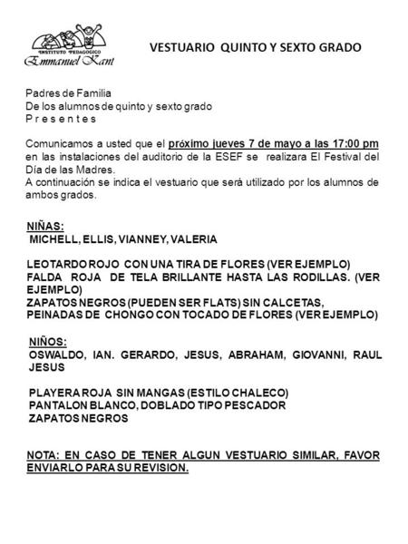 VESTUARIO QUINTO Y SEXTO GRADO