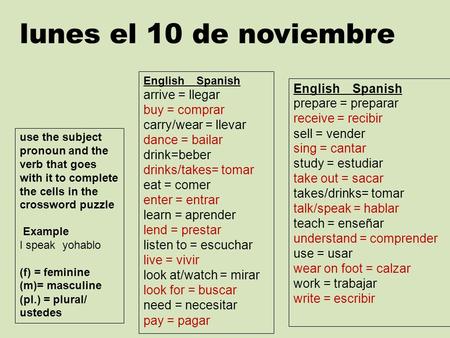 Use the subject pronoun and the verb that goes with it to complete the cells in the crossword puzzle Example I speak yohablo (f) = feminine (m)= masculine.