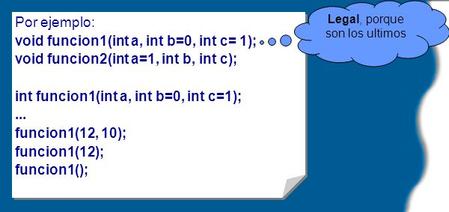 Por ejemplo: void funcion1(int a, int b=0, int c= 1); void funcion2(int a=1, int b, int c); int funcion1(int a, int b=0, int c=1);... funcion1(12, 10);