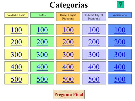 Categorías 100 200 300 400 500 100 200 300 400 500 100 200 300 400 500 100 200 300 400 500 100 200 300 400 500 Verdad o FalsoFotosDirect Object Pronouns.