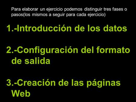 Para elaborar un ejercicio podemos distinguir tres fases o pasos(los mismos a seguir para cada ejercicio) 1.-Introducción de los datos 2.-Configuración.