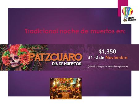 Tradicional noche de muertos en:. INCLUYE:  TRANSPORTE VIAJE REDONDO Y TRASLADOS  SEGURO DE VIAJERO  PLAYERA DEL EVENTO  TOUR (caminata guiada)y entrada.