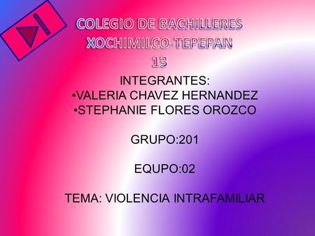 INTEGRANTES: VALERIA CHAVEZ HERNANDEZ STEPHANIE FLORES OROZCO GRUPO:201 EQUPO:02 TEMA: VIOLENCIA INTRAFAMILIAR.