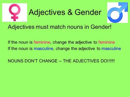Adjectives & Gender Adjectives must match nouns in Gender! If the noun is feminine, change the adjective to feminine If the noun is masculine, change the.