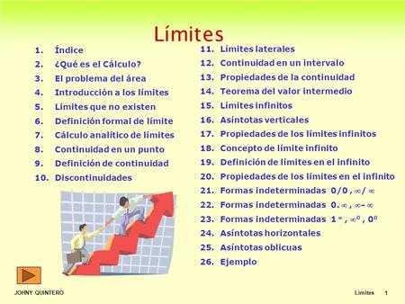 JOHNY QUINTERO Tema 2. Límites 1 Límites 1.Índice 2.¿Qué es el Cálculo? 3.El problema del área 4.Introducción a los límites 5.Límites que no existen 6.Definición.