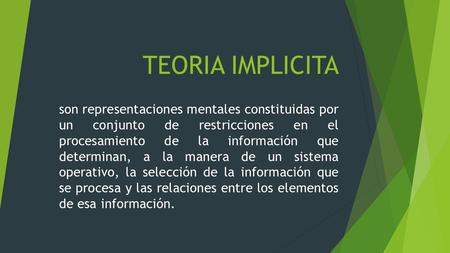 TEORIA IMPLICITA son representaciones mentales constituidas por un conjunto de restricciones en el procesamiento de la información que determinan, a.