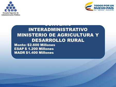 CONVENIO INTERADMINISTRATIVO MINISTERIO DE AGRICULTURA Y DESARROLLO RURAL Monto: $2.600 Millones ESAP $ 1.200 Millones MADR $1.400 Millones.