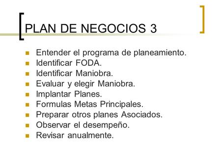 PLAN DE NEGOCIOS 3 Entender el programa de planeamiento.