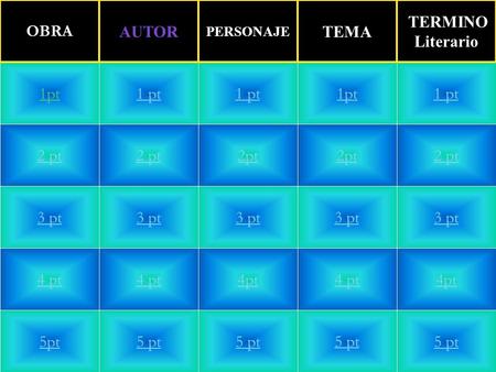2 pt 3 pt 4 pt 5pt 1 pt 2 pt 3 pt 4 pt 5 pt 1 pt 2pt 3 pt 4pt 5 pt 1pt 2pt 3 pt 4 pt 5 pt 1 pt 2 pt 3 pt 4pt 5 pt 1pt OBRA AUTOR PERSONAJE TEMA TERMINO.