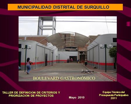 TALLER DE DEFINICI Ó N DE CRITERIOS Y PRIORIZACI Ó N DE PROYECTOS Equipo Técnico del Presupuesto Participativo 2011 Mayo 2010 MUNICIPALIDAD DISTRITAL DE.