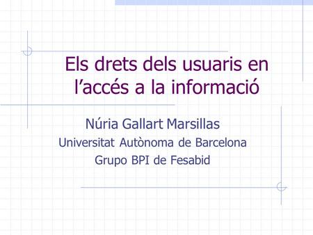 Els drets dels usuaris en l’accés a la informació Núria Gallart Marsillas Universitat Autònoma de Barcelona Grupo BPI de Fesabid.