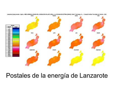 Postales de la energía de Lanzarote. recurso y tecnología energía solar: Fotovoltaica Solar térmica Frío solar Efecto invernadero Termosolar de concentración.