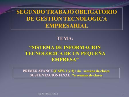 Ing. Adolfo Marcelo A1 SEGUNDO TRABAJO OBLIGATORIO DE GESTION TECNOLOGICA EMPRESARIAL TEMA: “SISTEMA DE INFORMACION TECNOLOGICA DE UN PEQUEÑA EMPRESA”