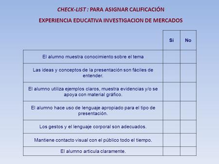 CHECK-LIST : PARA ASIGNAR CALIFICACIÓN