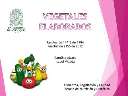 Resolución 14712 de 1984 Resolución 2155 de 2012 Carolina Alzate Isabel Villada Alimentos, Legislación y Calidad Escuela de Nutrición y Dietética.
