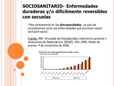 SOCIOSANITARIO- Enfermedades duraderas y/o difícilmente reversibles con secuelas *Nos centraremos en las discapacidades, ya que las consideramos como las.