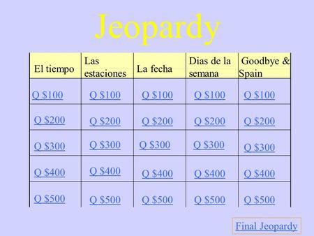 Jeopardy El tiempo Las estaciones La fecha Dias de la semana Goodbye & Spain Q $100 Q $200 Q $300 Q $400 Q $500 Q $100 Q $200 Q $300 Q $400 Q $500 Final.