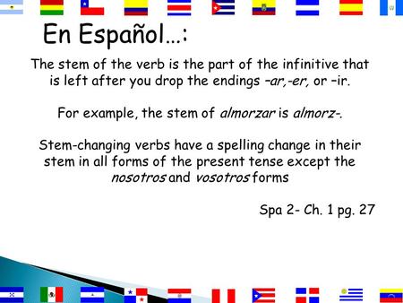 En Español…: The stem of the verb is the part of the infinitive that is left after you drop the endings –ar,-er, or –ir. For example, the stem of almorzar.