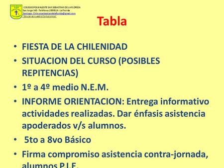 Tabla FIESTA DE LA CHILENIDAD SITUACION DEL CURSO (POSIBLES REPITENCIAS) 1º a 4º medio N.E.M. INFORME ORIENTACION: Entrega informativo actividades realizadas.