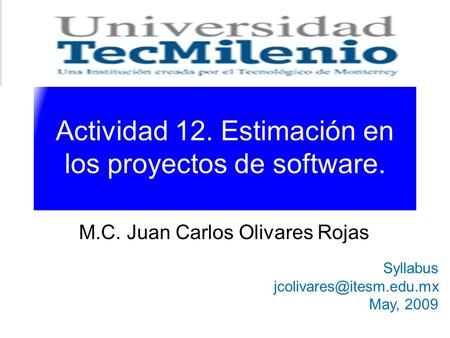 Actividad 12. Estimación en los proyectos de software. M.C. Juan Carlos Olivares Rojas Syllabus May, 2009.