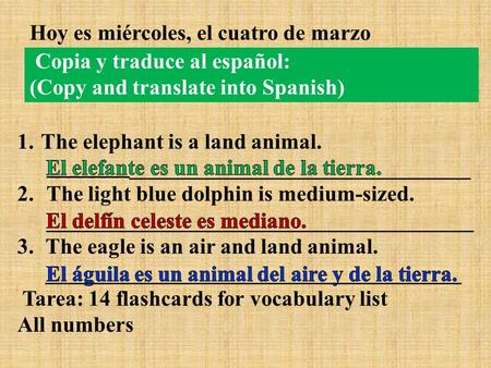Copia y traduce al español: (Copy and translate into Spanish) 1. The elephant is a land animal. _______ _______________________________ 2. The light blue.