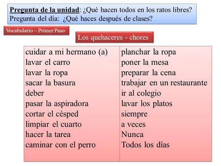Pregunta de la unidad: ¿Qué hacen todos en los ratos libres? Pregunta del día: ¿Qué haces después de clases? Pregunta de la unidad: ¿Qué hacen todos en.
