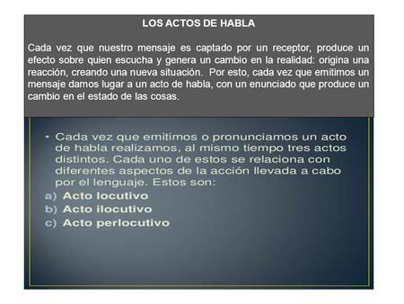 LOS ACTOS DE HABLA Cada vez que nuestro mensaje es captado por un receptor, produce un efecto sobre quien escucha y genera un cambio en la realidad: origina.