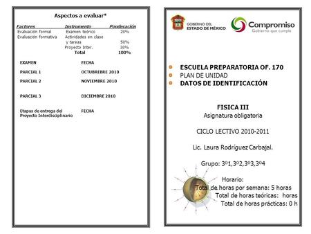 ESCUELA PREPARATORIA OF. 170 PLAN DE UNIDAD DATOS DE IDENTIFICACIÓN FISICA III Asignatura obligatoria CICLO LECTIVO 2010-2011 Lic. Laura Rodríguez Carbajal.