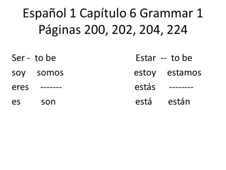 Ser - to be Estar -- to be soy somos estoy estamos eres ------- estás -------- es son está están Español 1 Capítulo 6 Grammar 1 Páginas 200, 202, 204,
